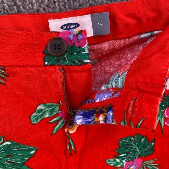 Old Navy Red Floral Hawaiian Linen Rayon Blend Shorts Sz 14 - Picture 2 of 11